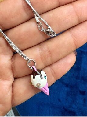 Ice Cream Cone Pendant Necklace in Pink, White & Brown